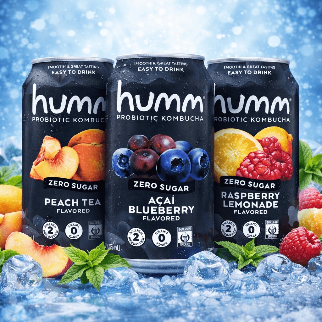 Humm Probiotic Kombucha, Zero Sugar, Variety Pack (Acai Blueberry, Raspberry Lemonade, Peach Tea) – 12 fl oz Cans (Case of 18)